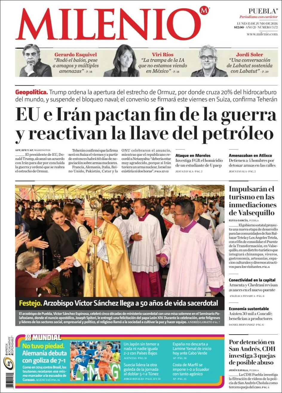 Portada de Milenio Puebla del lunes, 15 de junio de 2026