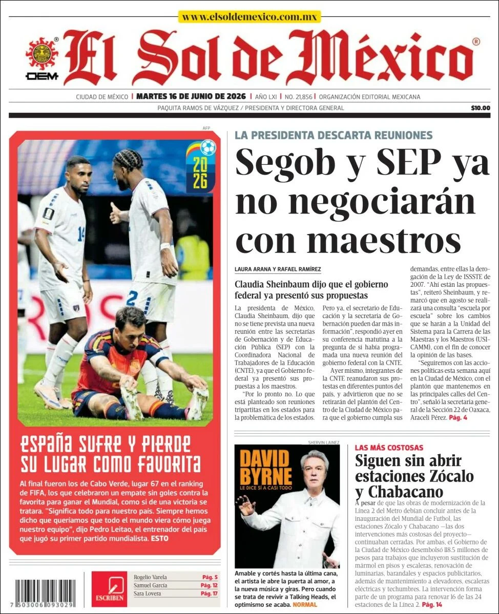 Portada de El Sol de Mexico del martes, 16 de junio de 2026