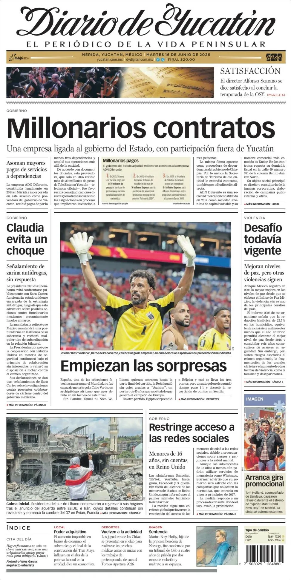 Portada de Diario de Yucatán del martes, 16 de junio de 2026