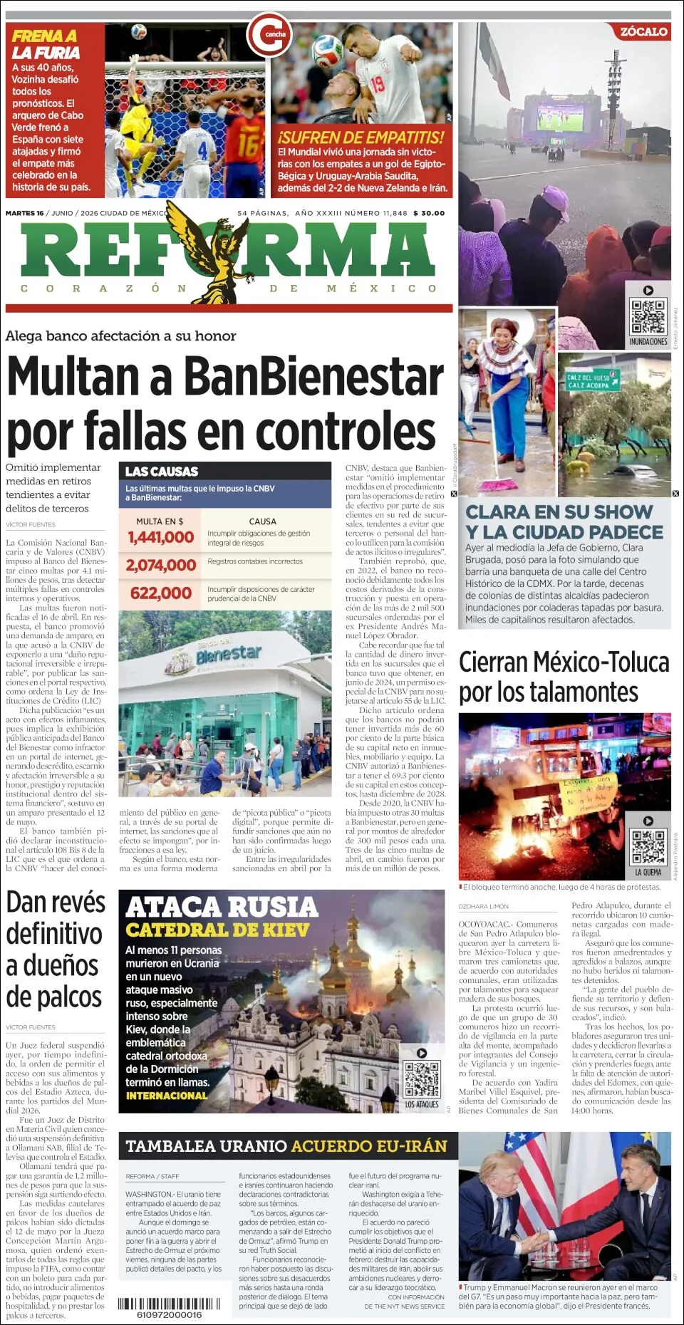 Portada de Reforma del martes, 16 de junio de 2026