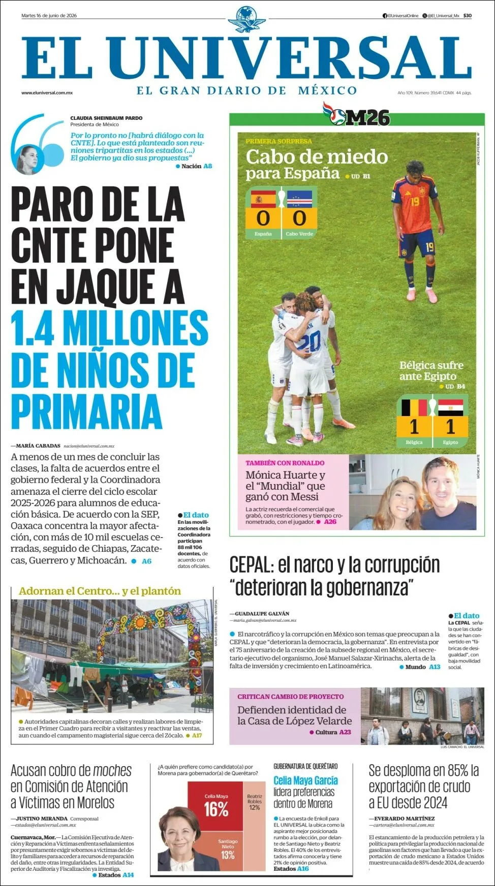 Portada de El Universal del martes, 16 de junio de 2026