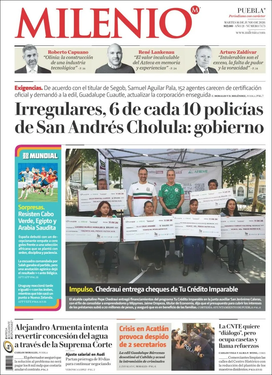 Portada de Milenio Puebla del martes, 16 de junio de 2026