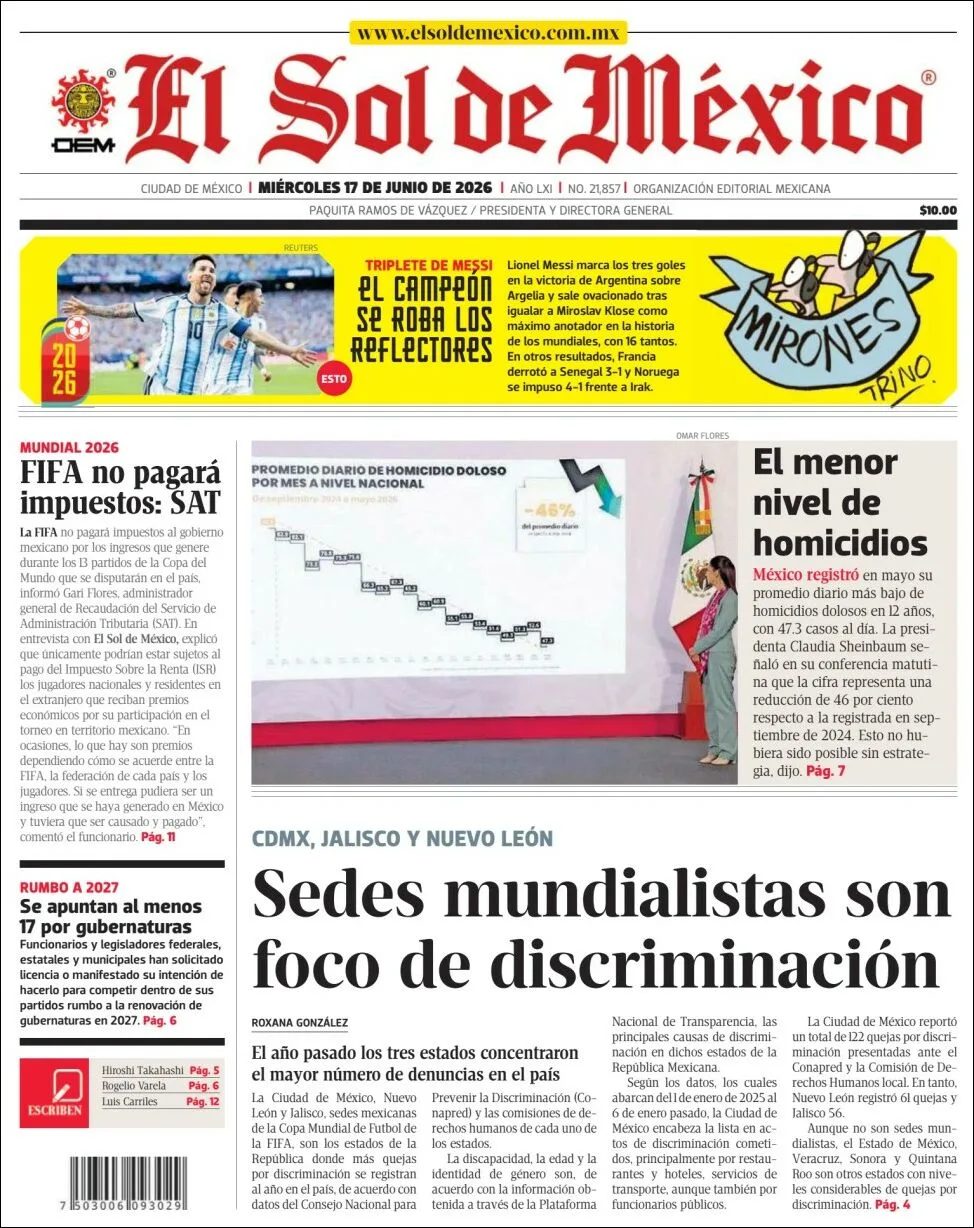 Portada de El Sol de Mexico del miércoles, 17 de junio de 2026