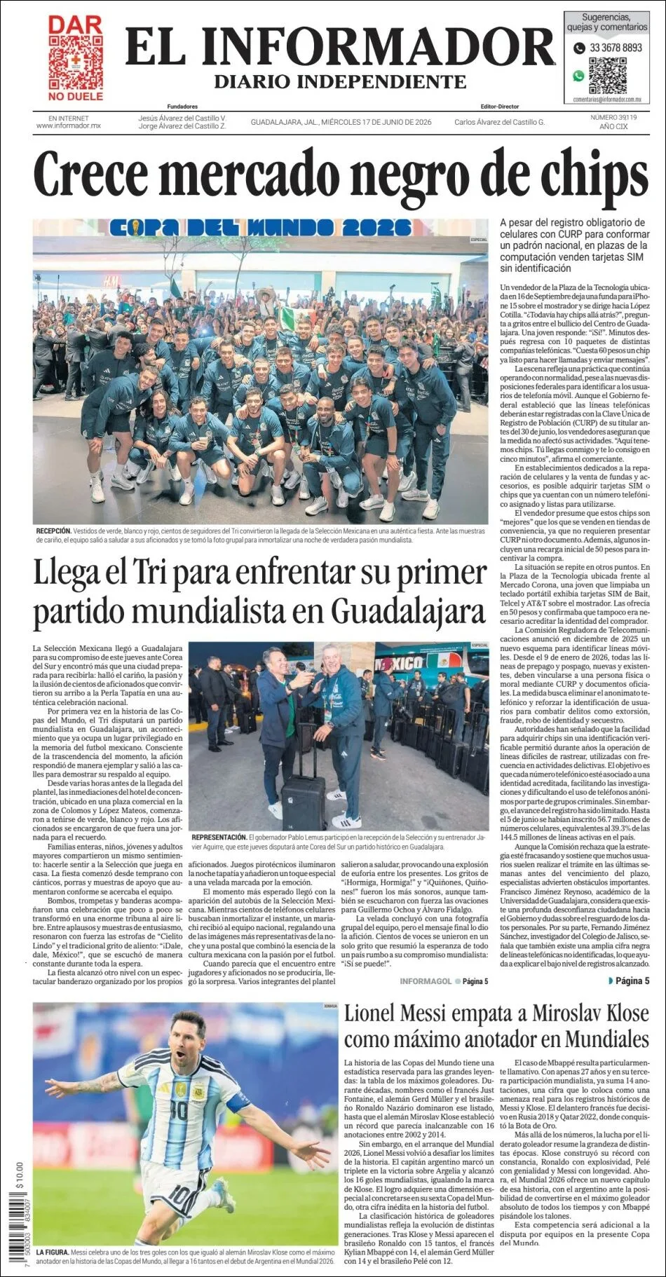 Portada de El Informador del miércoles, 17 de junio de 2026