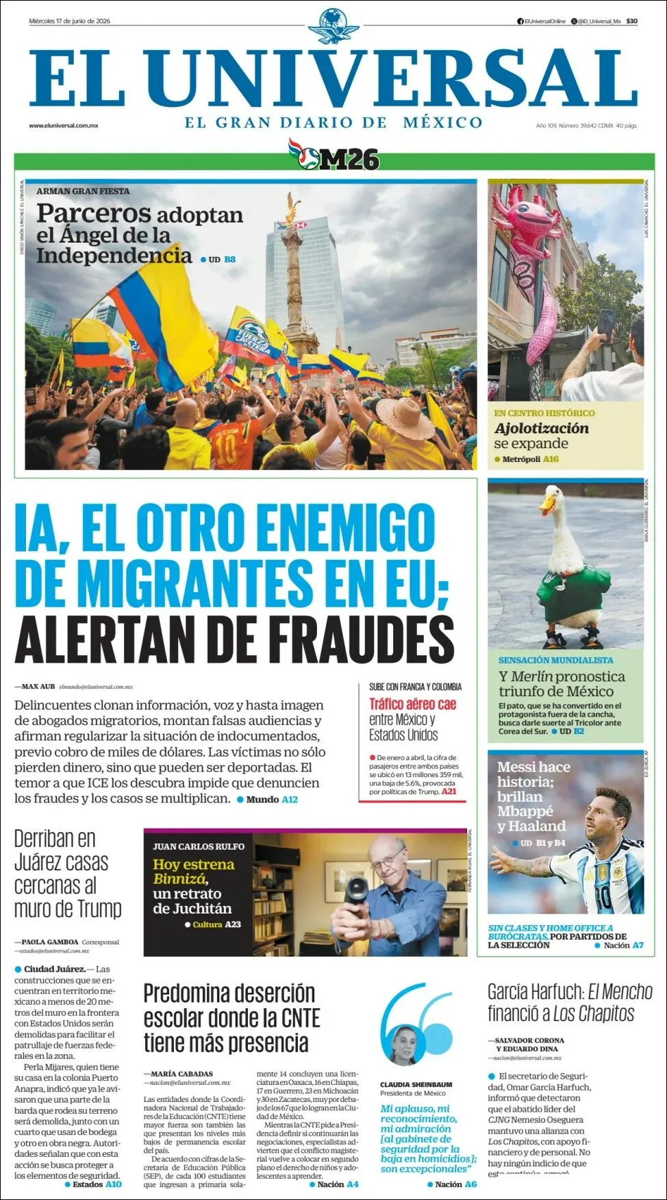 Portada de El Universal del miércoles, 17 de junio de 2026