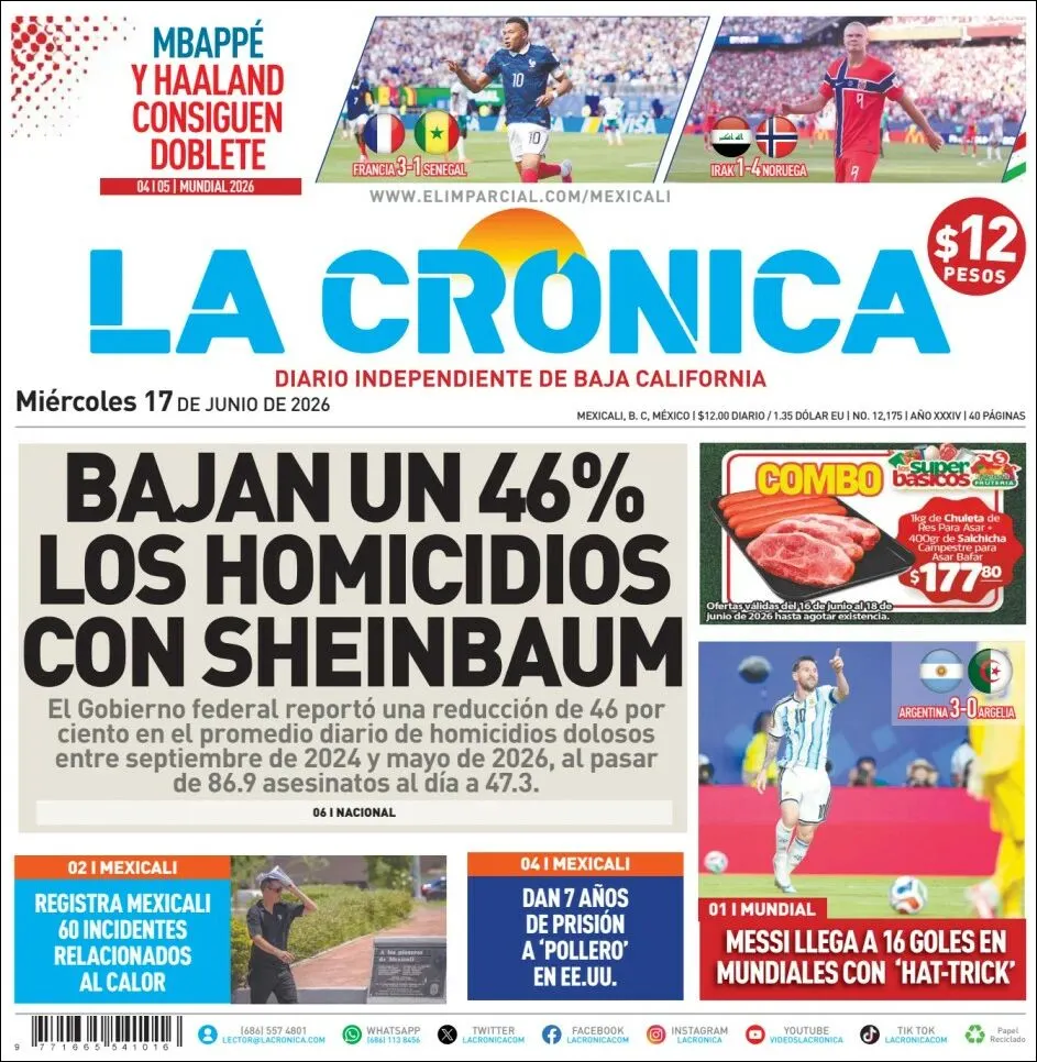 Portada de La Cronica del miércoles, 17 de junio de 2026