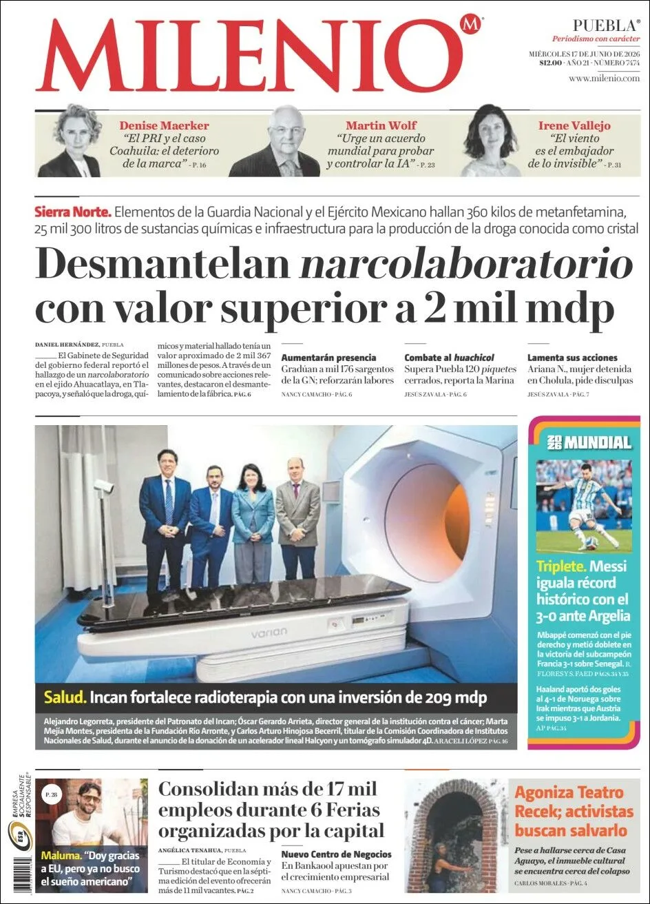 Portada de Milenio Puebla del miércoles, 17 de junio de 2026