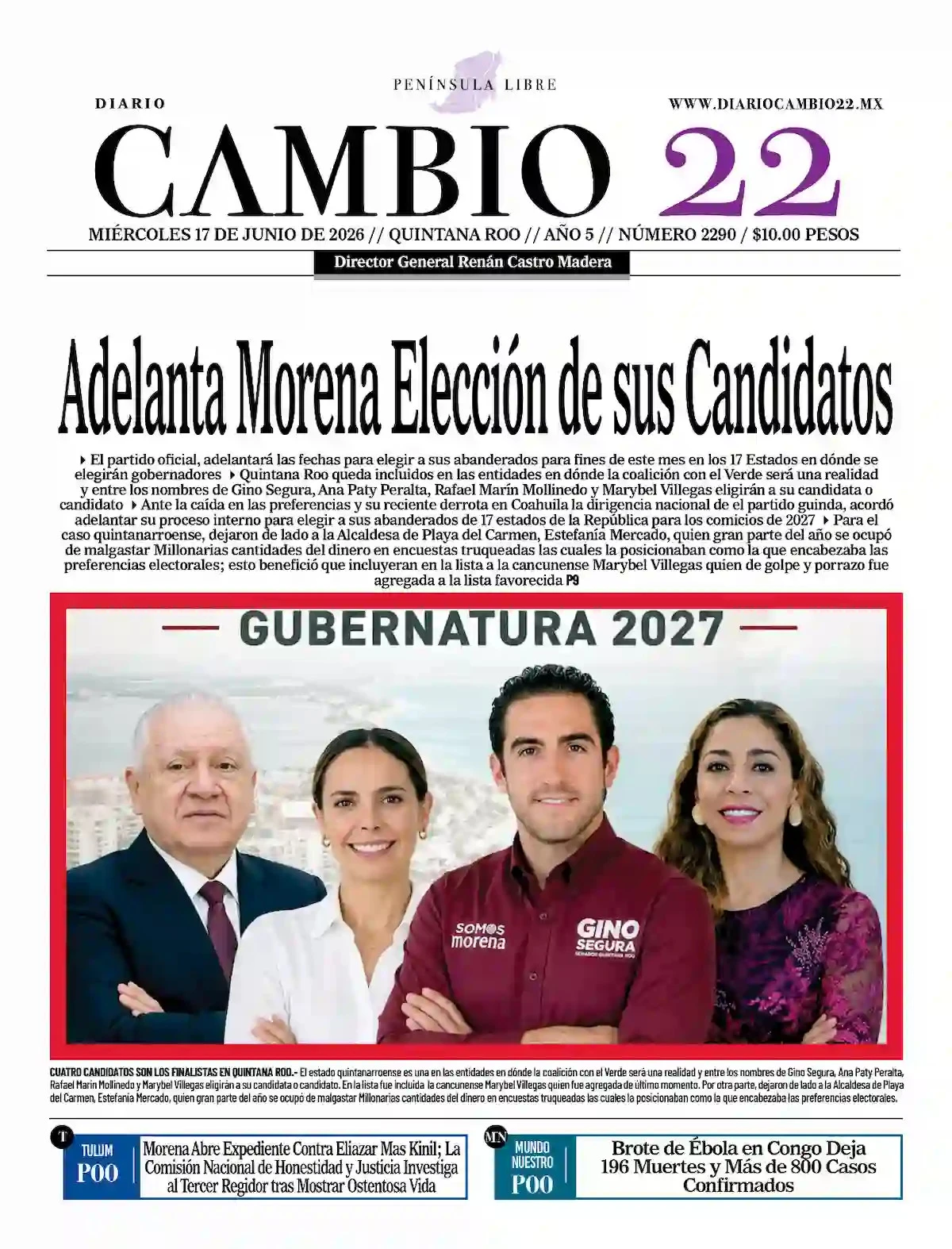 Portada de Diario Cambio 22 (portada) del miércoles, 17 de junio de 2026