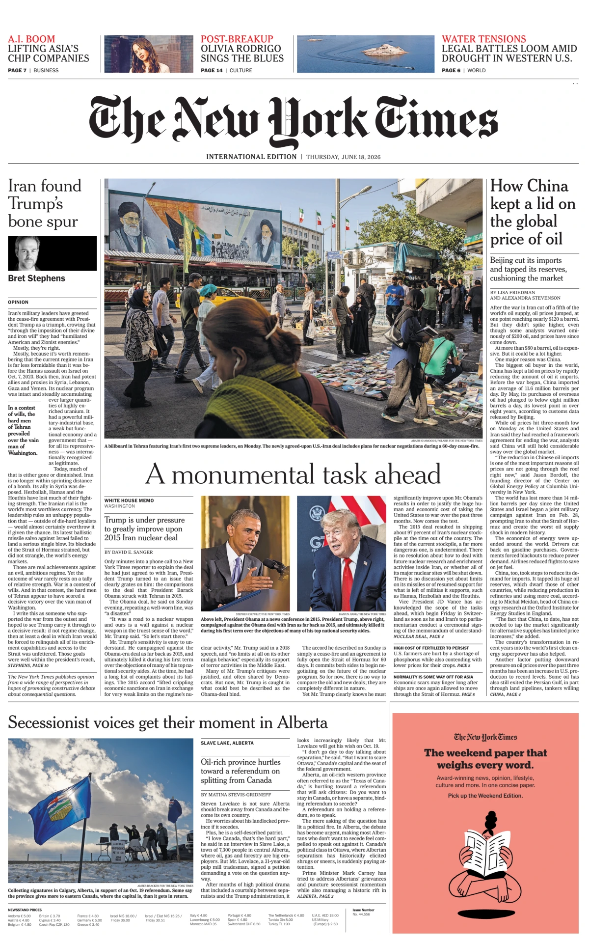 Portada de The New York Times (international) del jueves, 18 de junio de 2026