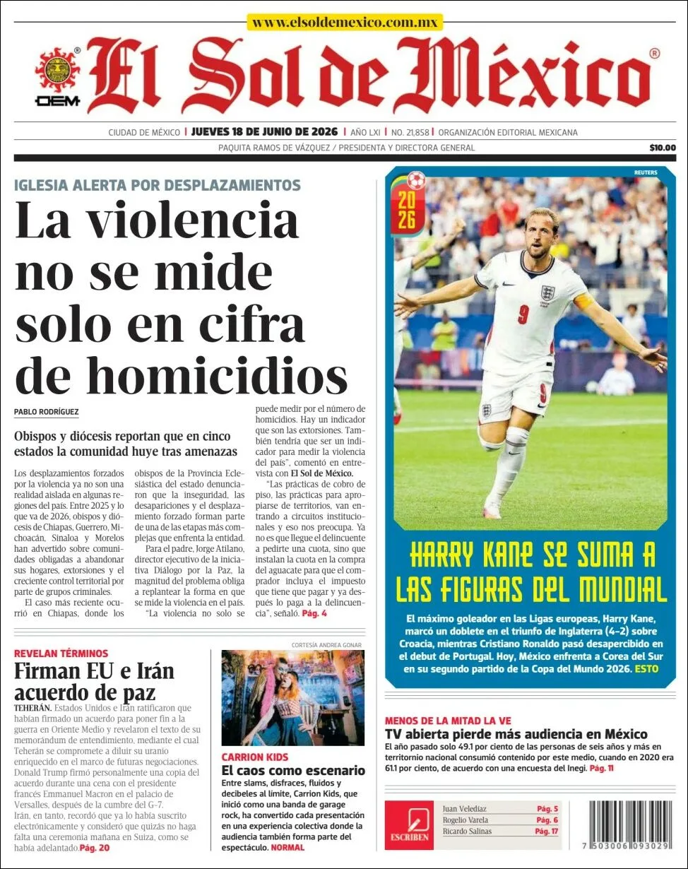 Portada de El Sol de Mexico del jueves, 18 de junio de 2026