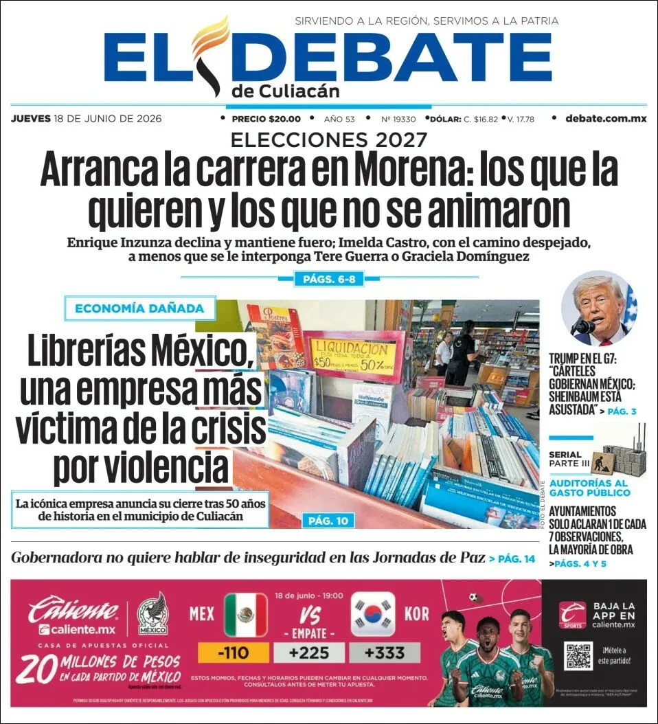 Portada de El Debate de Culiacan del jueves, 18 de junio de 2026