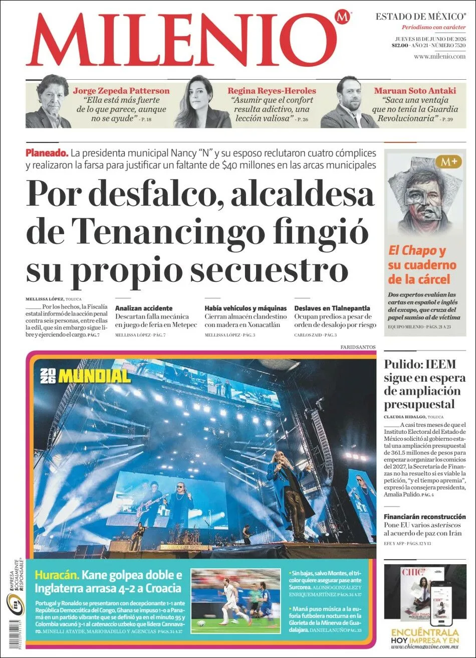 Portada de Milenio Edo de Mexico del jueves, 18 de junio de 2026