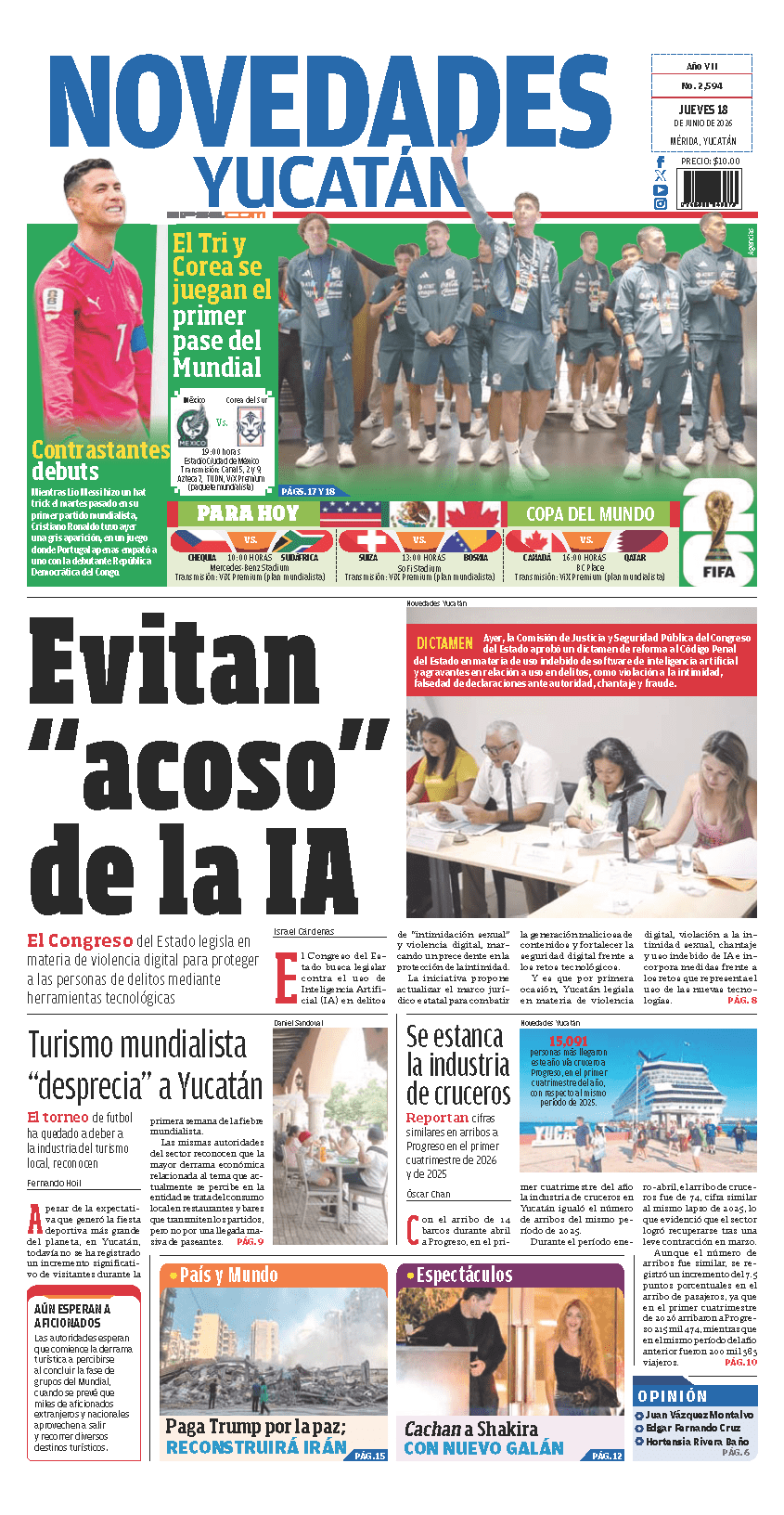 Portada de Novedades Yucatan del jueves, 18 de junio de 2026