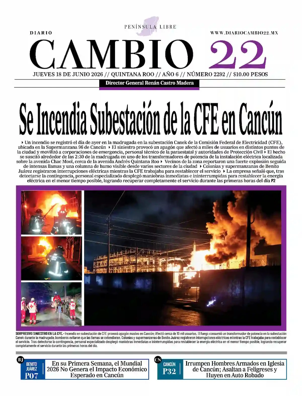 Portada de Diario Cambio 22 (portada) del jueves, 18 de junio de 2026