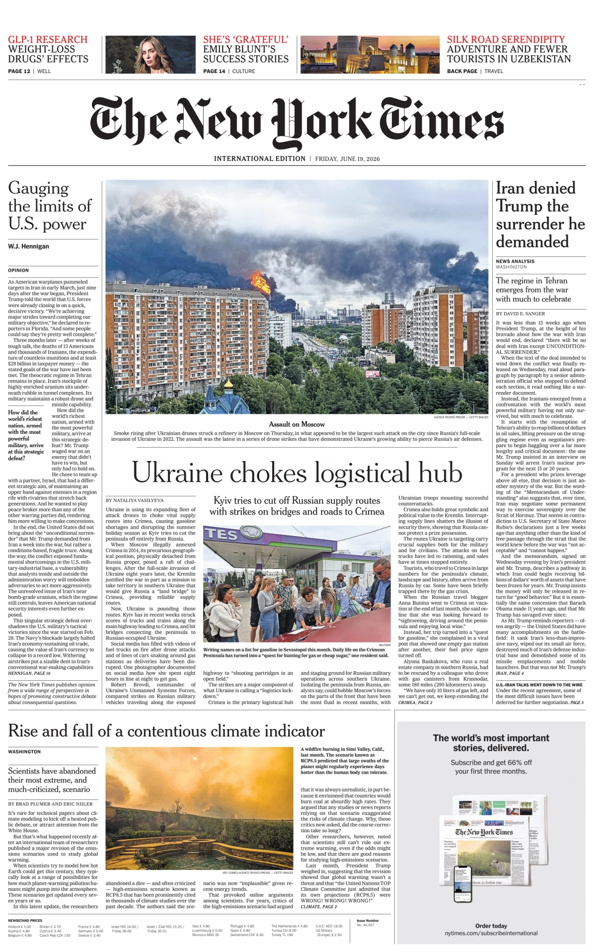 Portada de The New York Times (international) del viernes, 19 de junio de 2026
