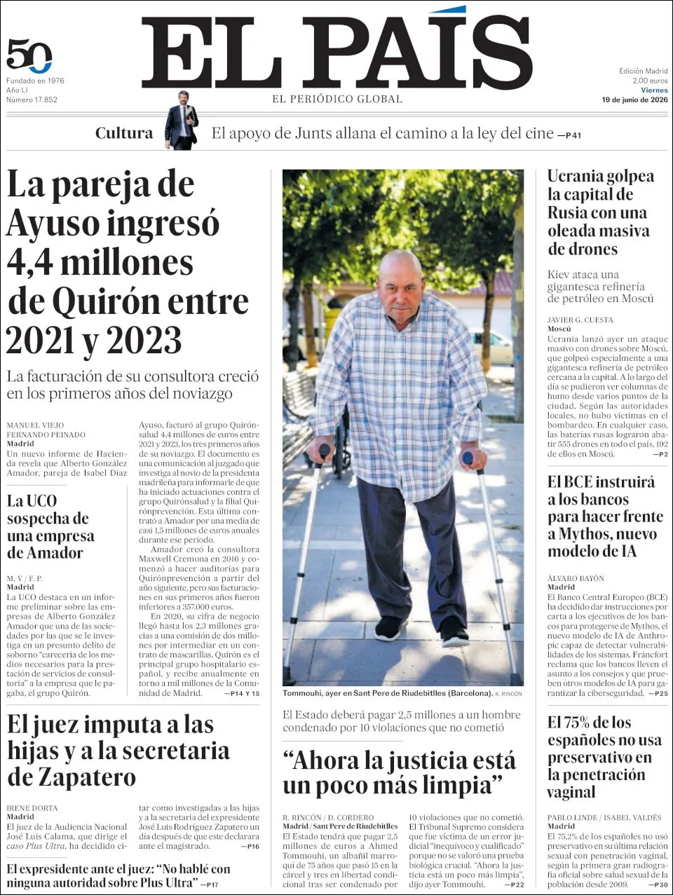 Portada de El Pais del viernes, 19 de junio de 2026