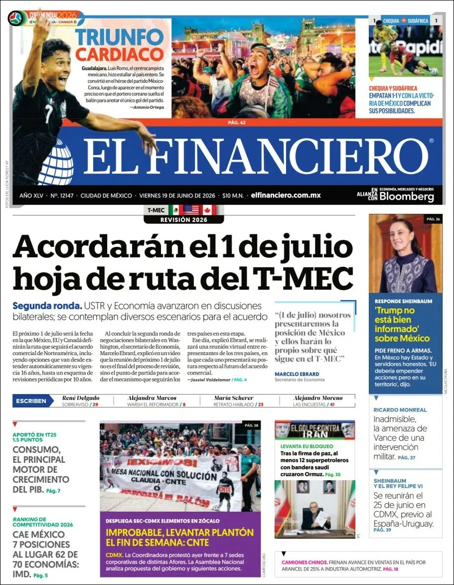 Portada de El Financiero del viernes, 19 de junio de 2026