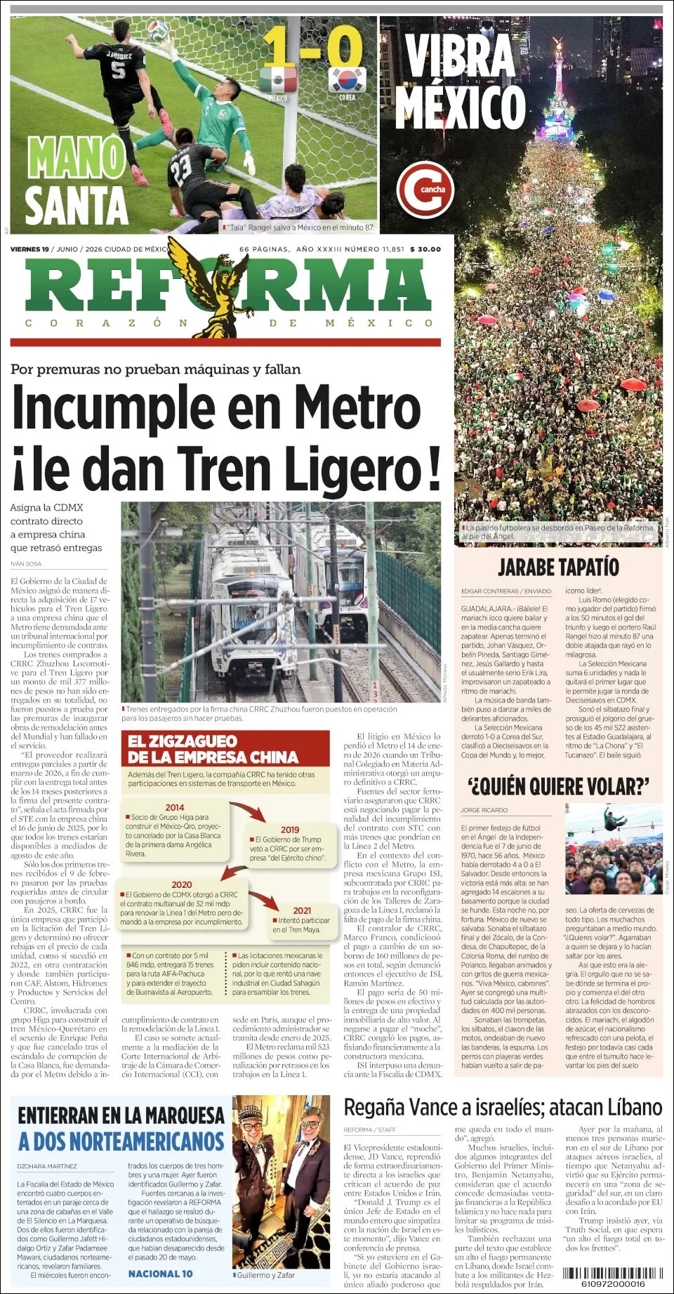 Portada de Reforma del viernes, 19 de junio de 2026