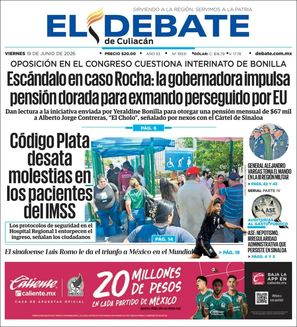 Portada de El Debate de Culiacan del viernes, 19 de junio de 2026