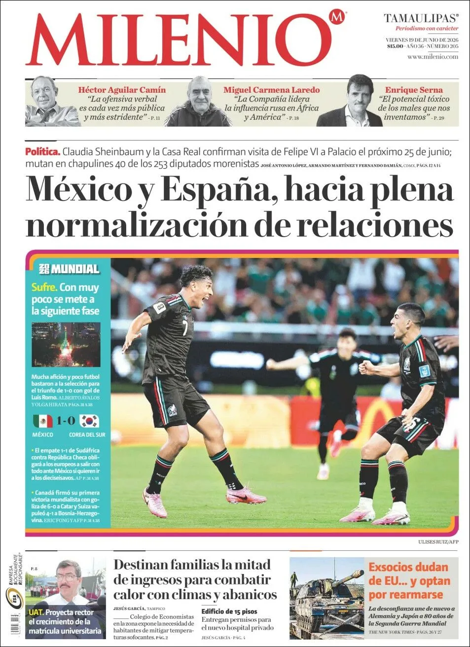 Portada de Milenio Tamaulipas del viernes, 19 de junio de 2026