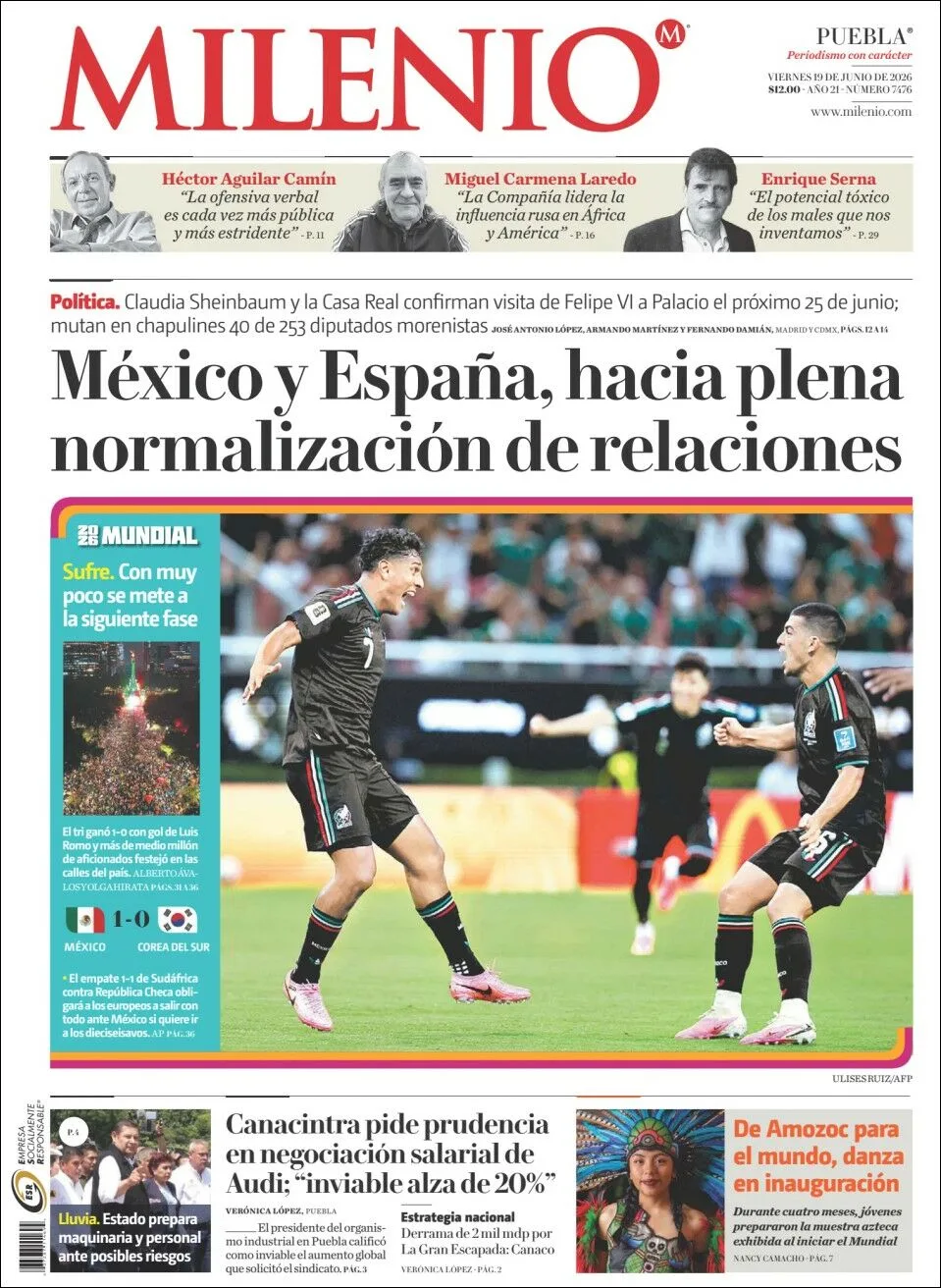 Portada de Milenio Puebla del viernes, 19 de junio de 2026
