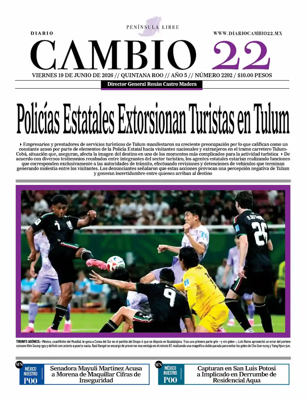 Portada de Diario Cambio 22 (portada) del viernes, 19 de junio de 2026