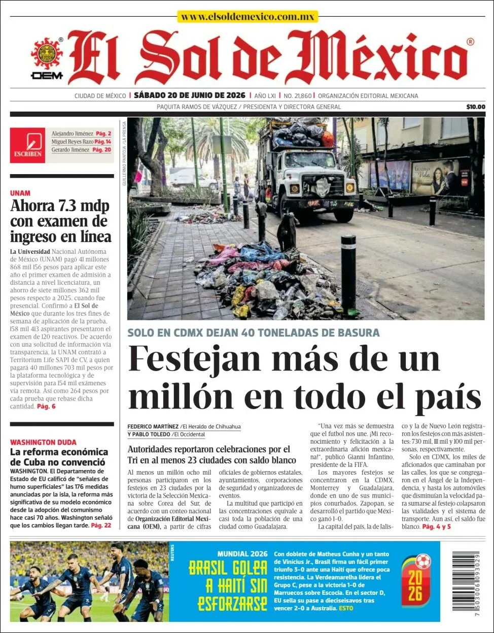 Portada de El Sol de Mexico del sábado, 20 de junio de 2026