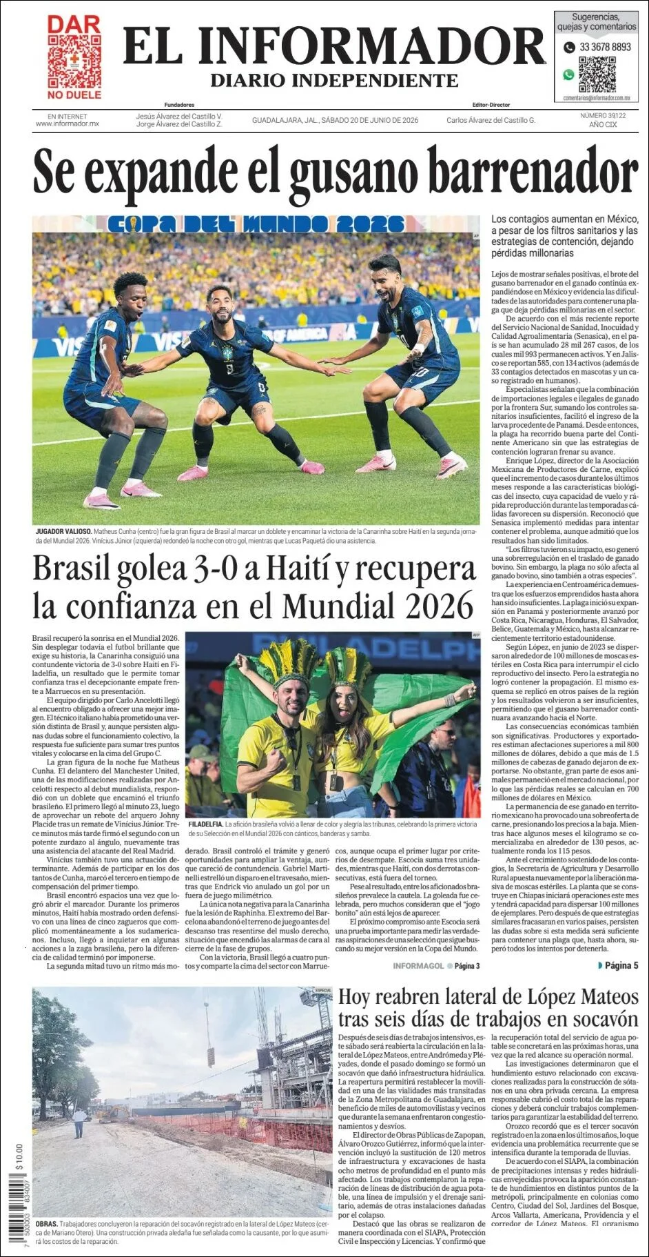 Portada de El Informador del sábado, 20 de junio de 2026
