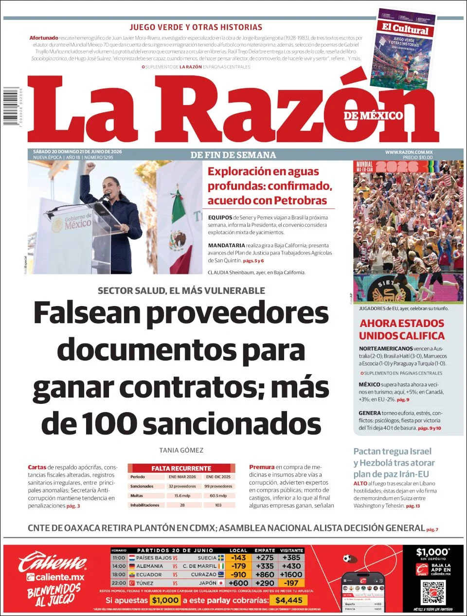 Portada de La Razon del sábado, 20 de junio de 2026