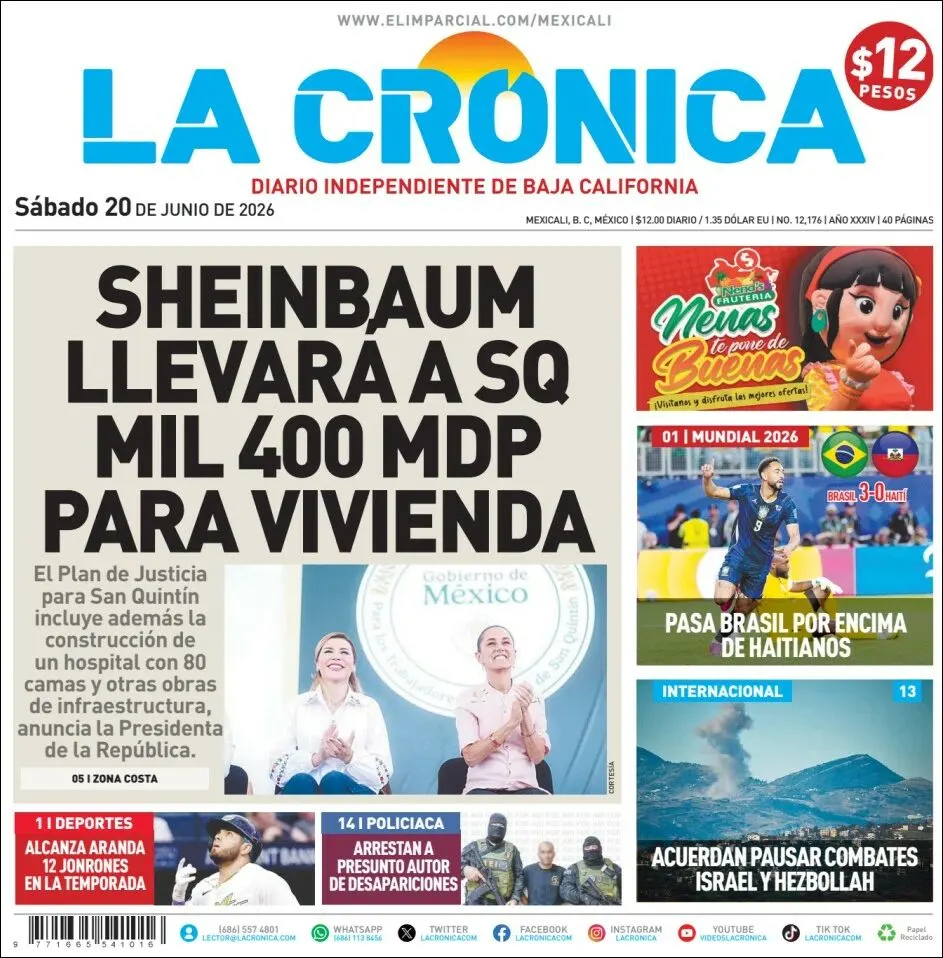 Portada de La Cronica del sábado, 20 de junio de 2026