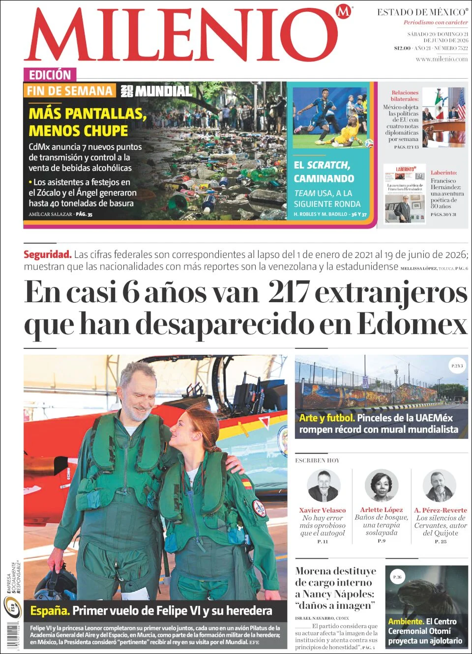 Portada de Milenio Edo de Mexico del sábado, 20 de junio de 2026
