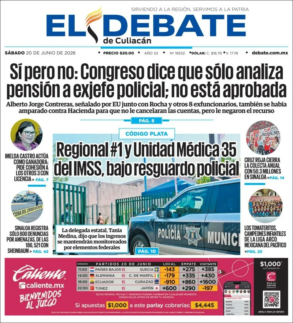 Portada de El Debate de Culiacan del sábado, 20 de junio de 2026