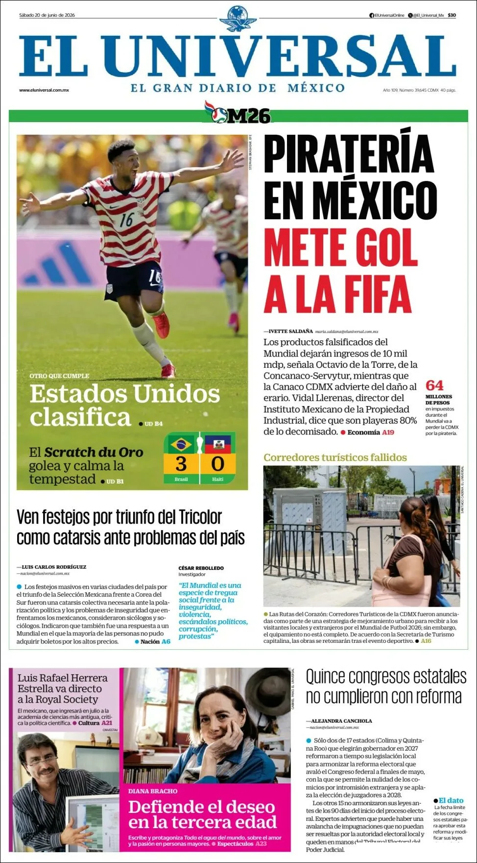 Portada de El Universal del sábado, 20 de junio de 2026