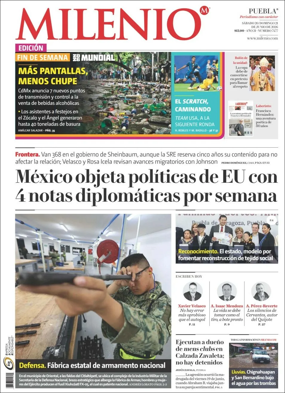 Portada de Milenio Puebla del sábado, 20 de junio de 2026