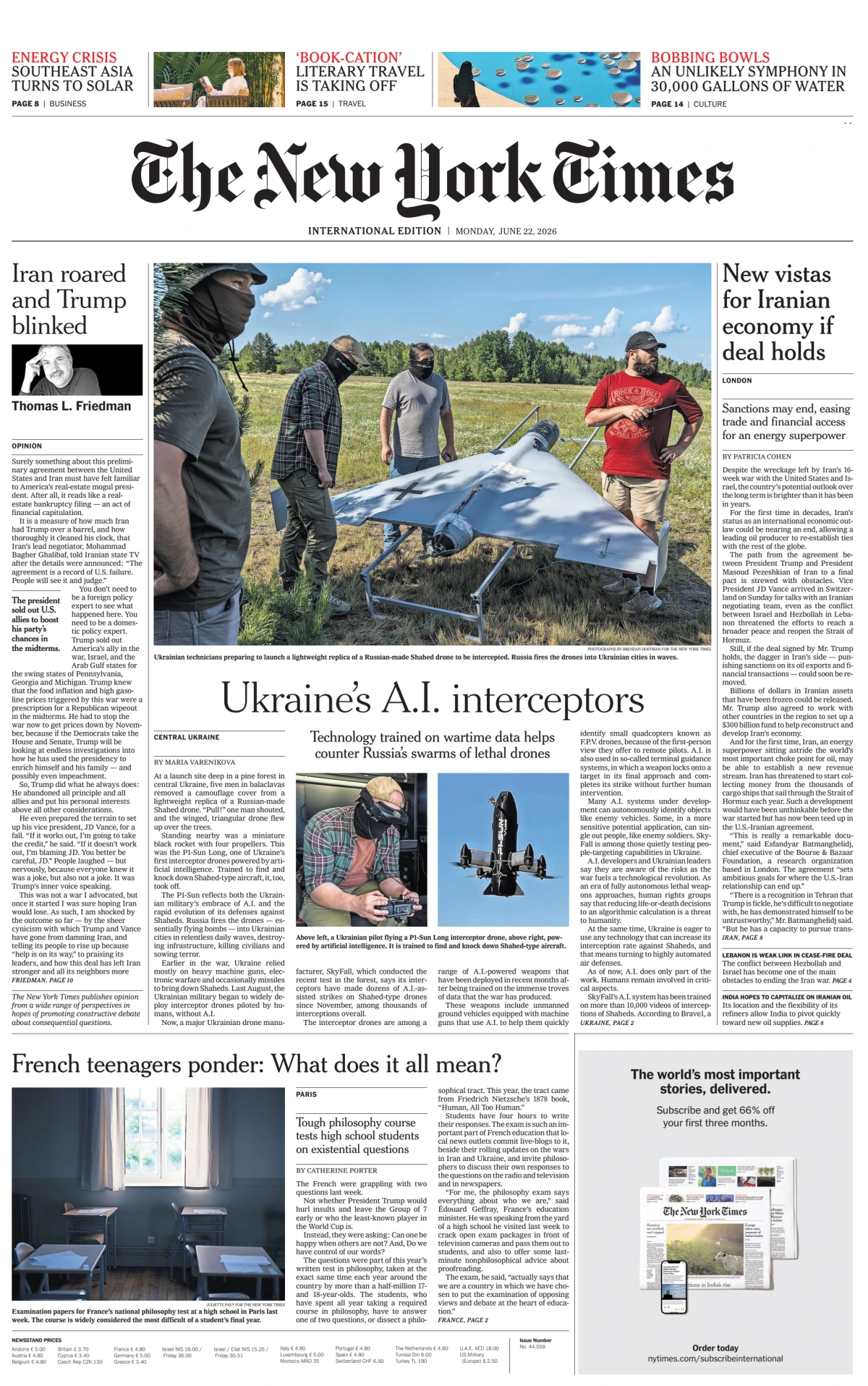 Portada de The New York Times (international) del lunes, 22 de junio de 2026
