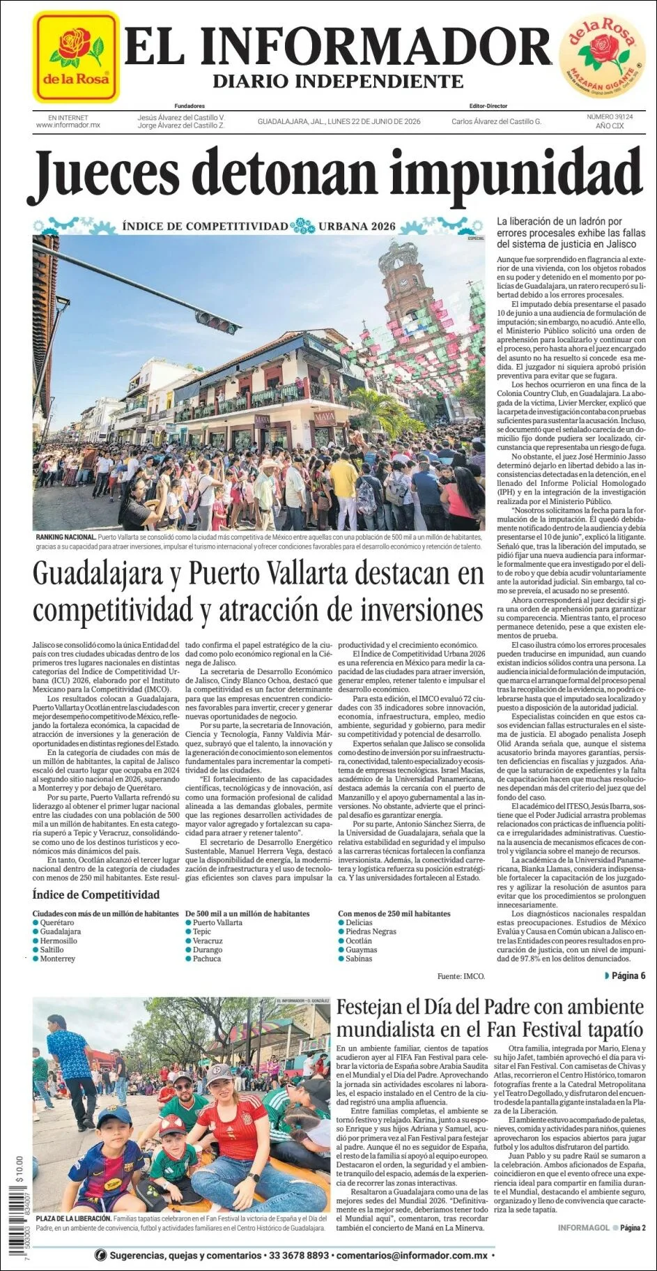 Portada de El Informador del lunes, 22 de junio de 2026