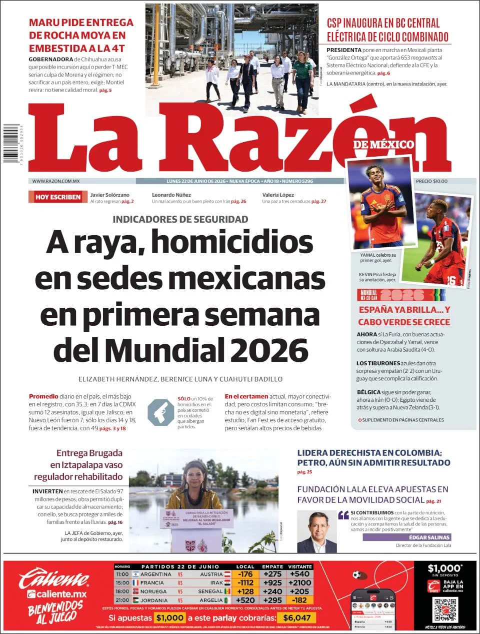 Portada de La Razon del lunes, 22 de junio de 2026