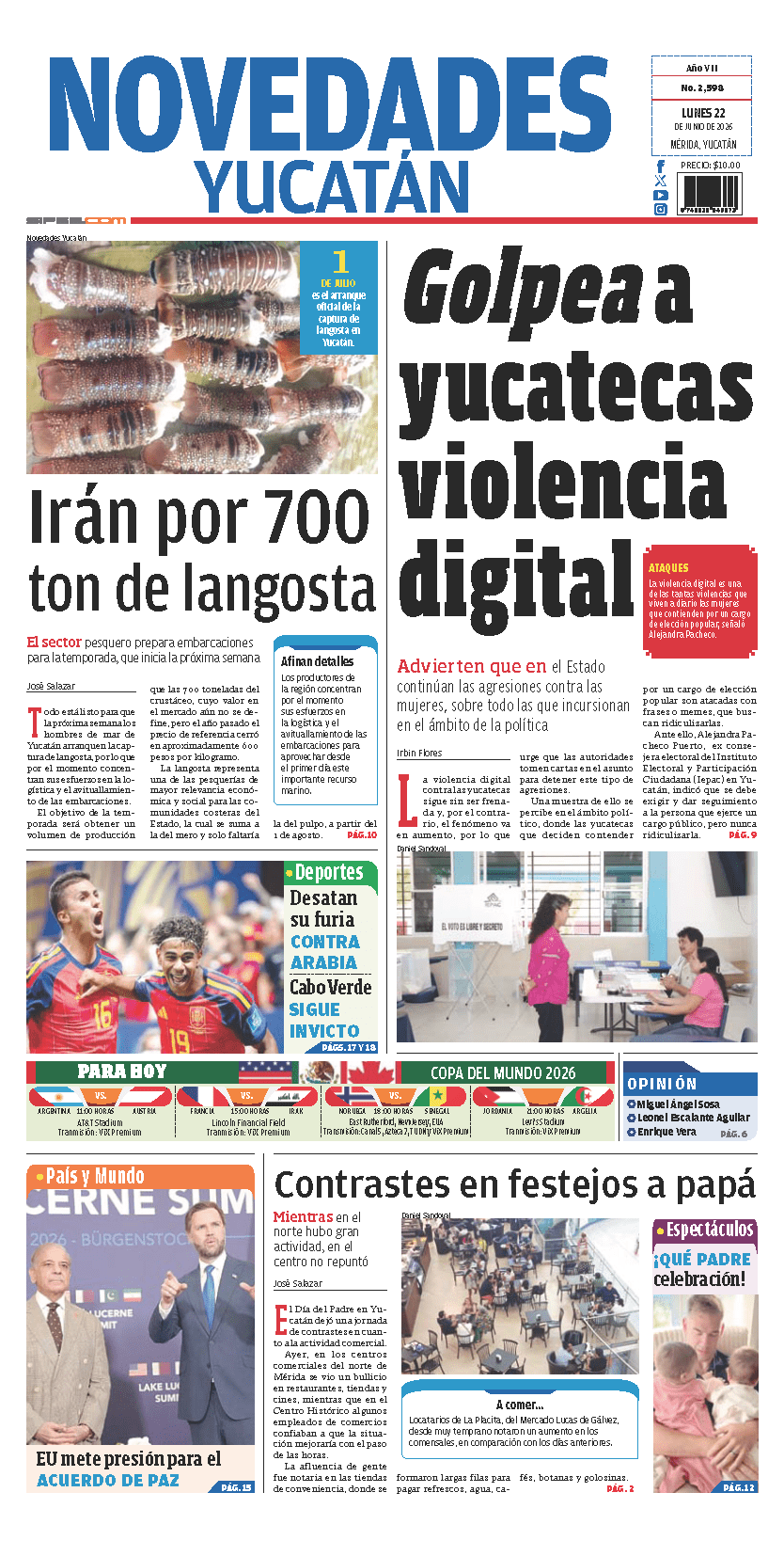 Portada de Novedades Yucatan del lunes, 22 de junio de 2026