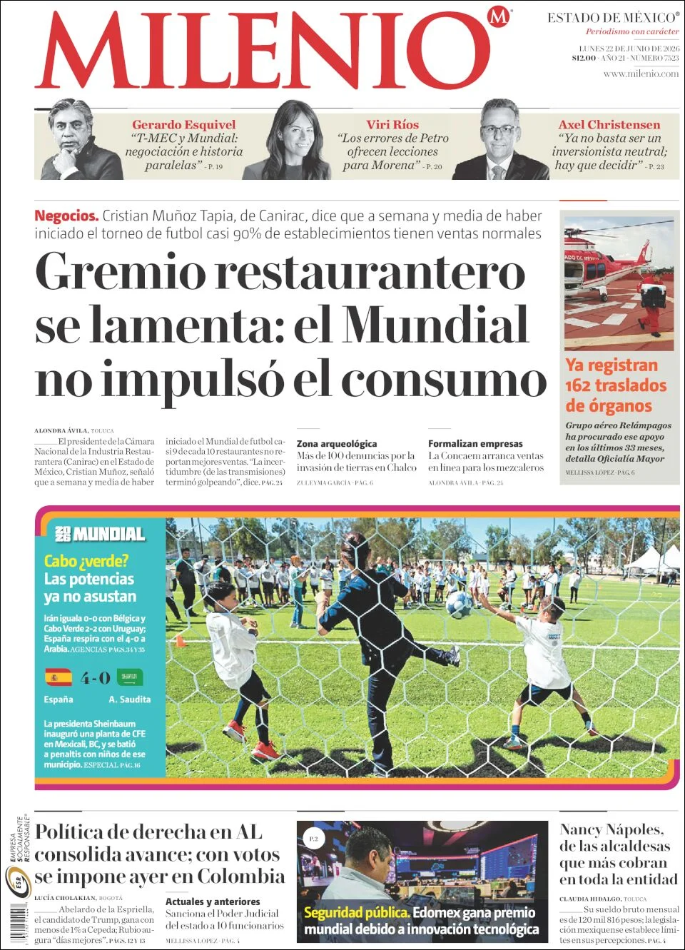 Portada de Milenio Edo de Mexico del lunes, 22 de junio de 2026