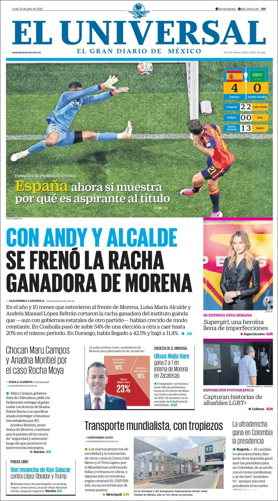 Portada de El Universal del lunes, 22 de junio de 2026
