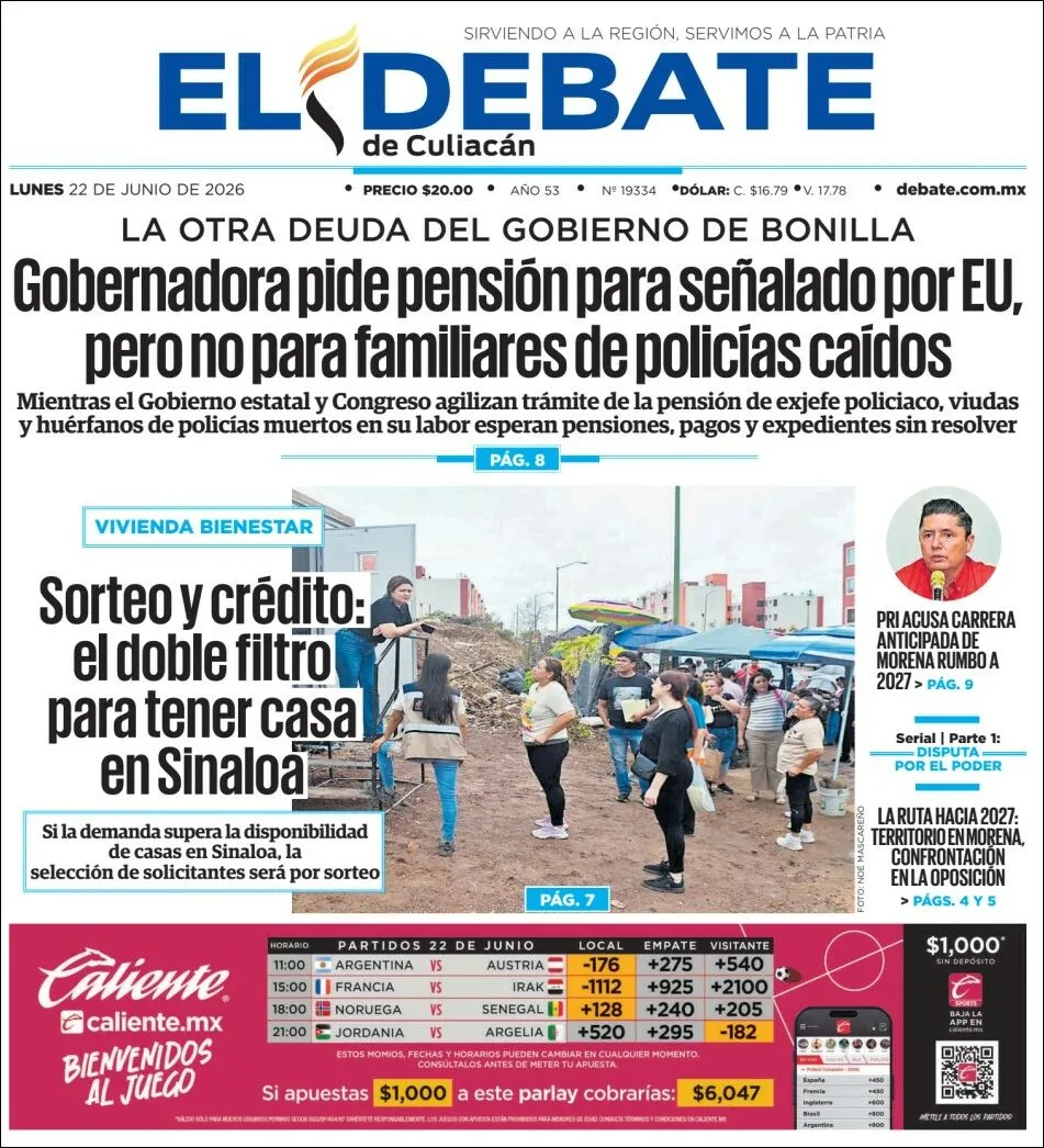 Portada de El Debate de Culiacan del lunes, 22 de junio de 2026