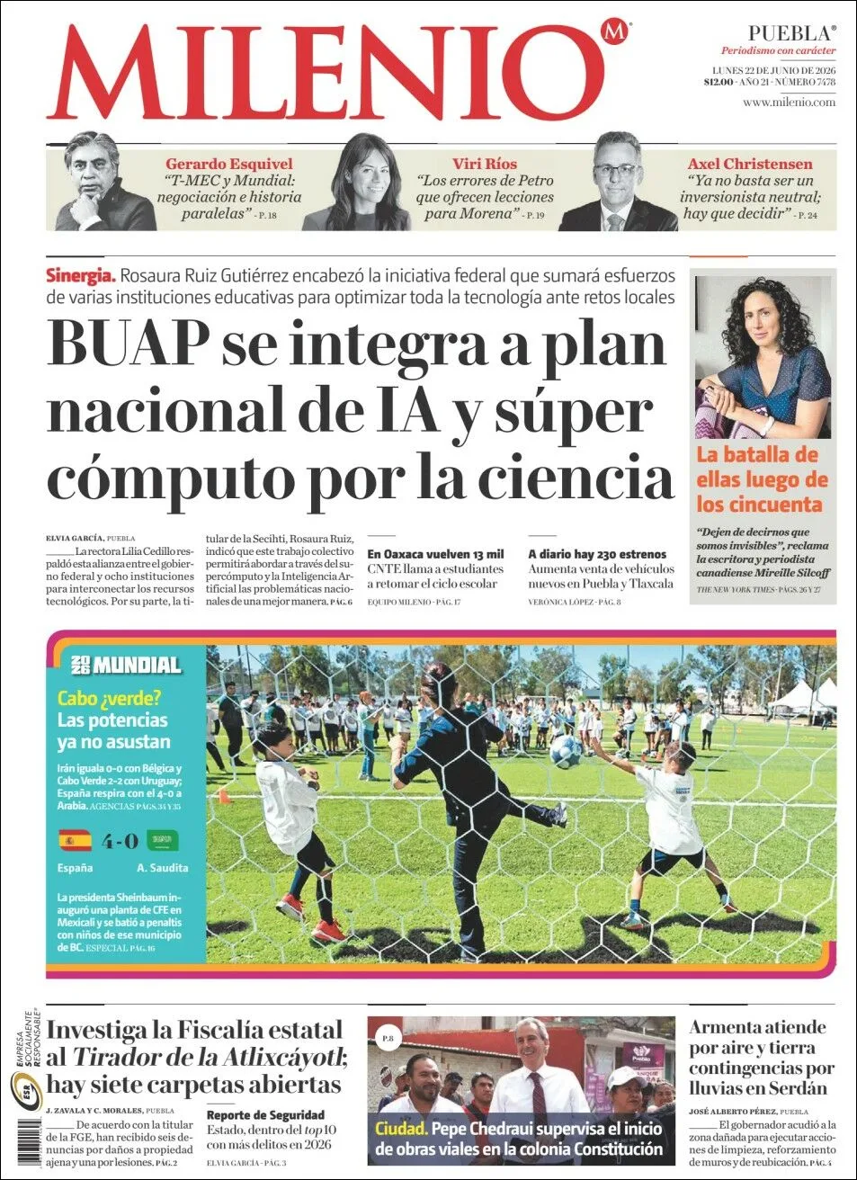 Portada de Milenio Puebla del lunes, 22 de junio de 2026