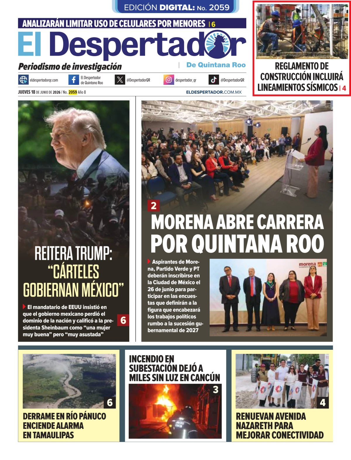 Portada de El Despertador de Quintana Roo del jueves, 18 de junio de 2026