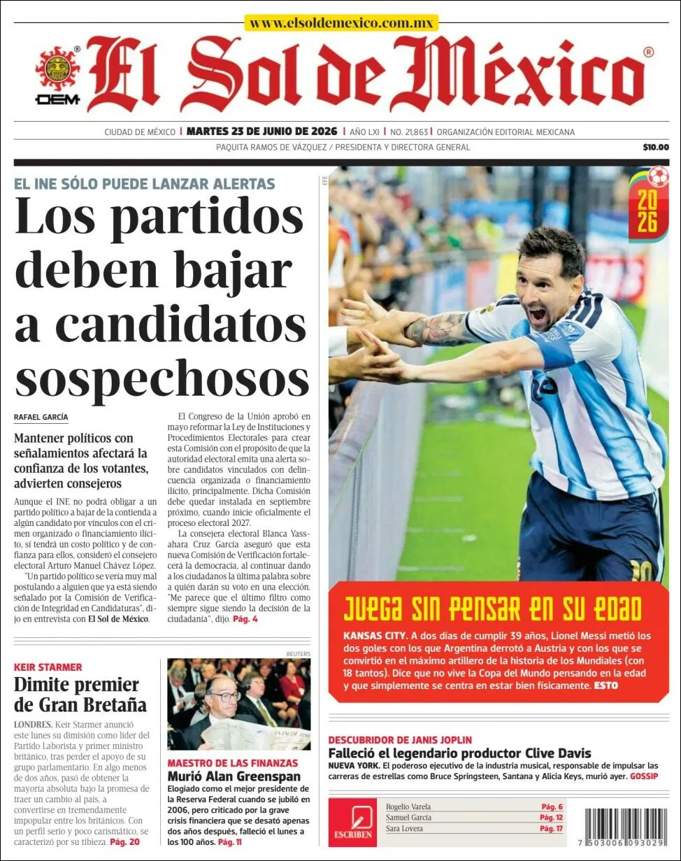 Portada de El Sol de Mexico del martes, 23 de junio de 2026
