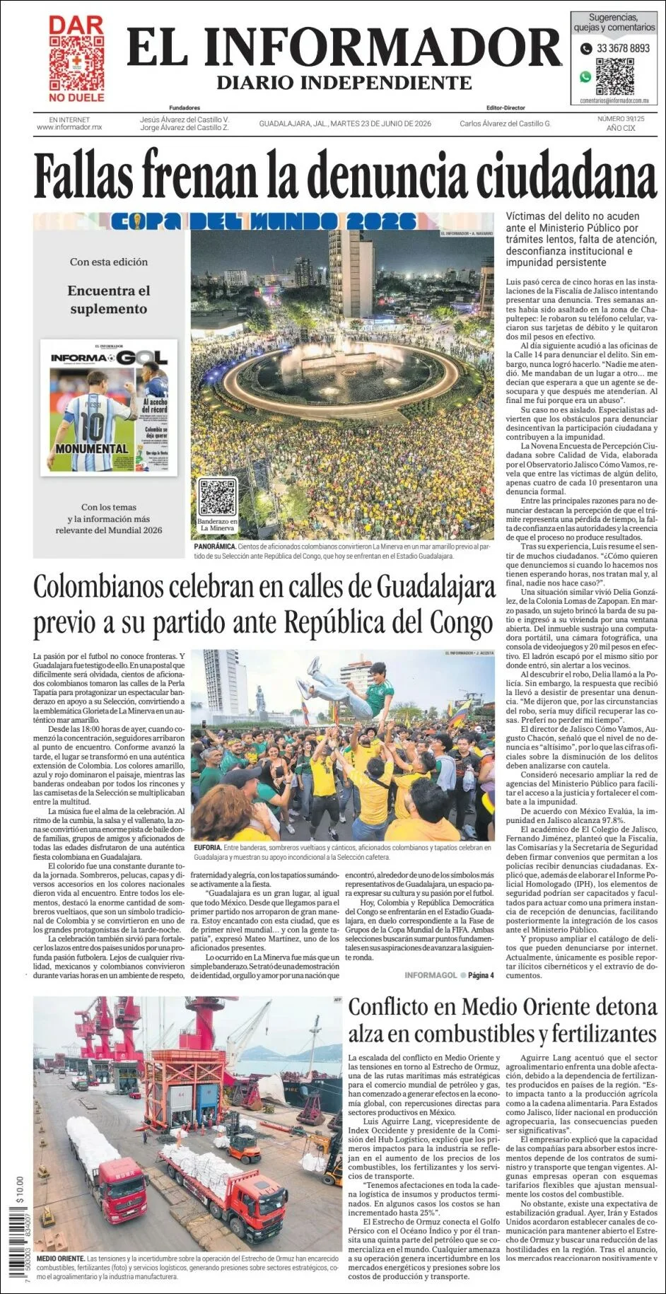 Portada de El Informador del martes, 23 de junio de 2026
