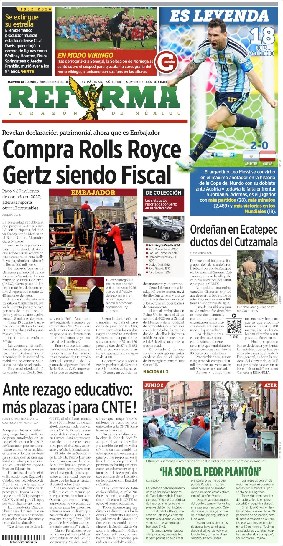 Portada de Reforma del martes, 23 de junio de 2026
