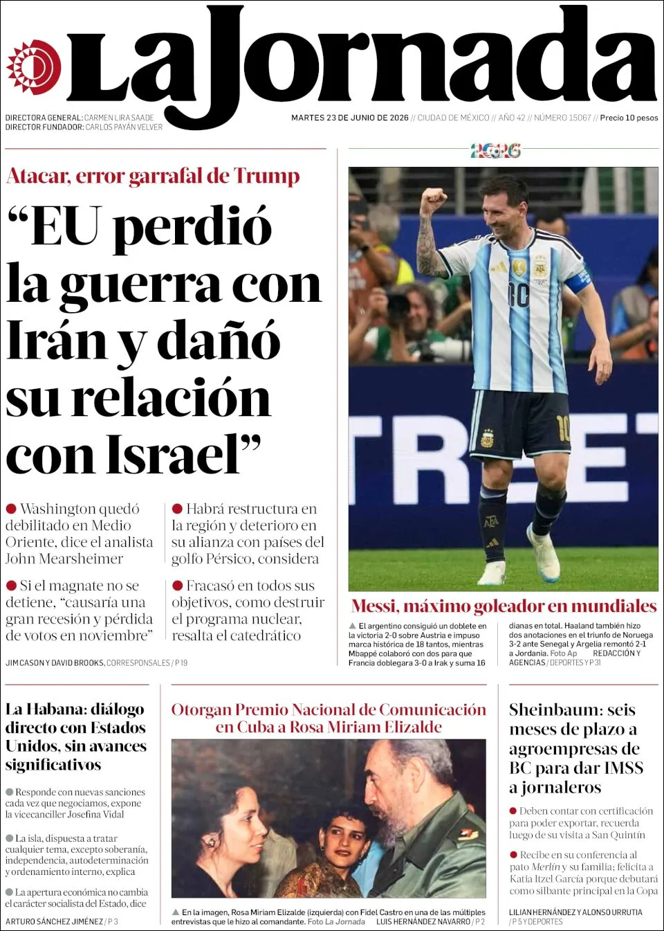 Portada de La Jornada del martes, 23 de junio de 2026