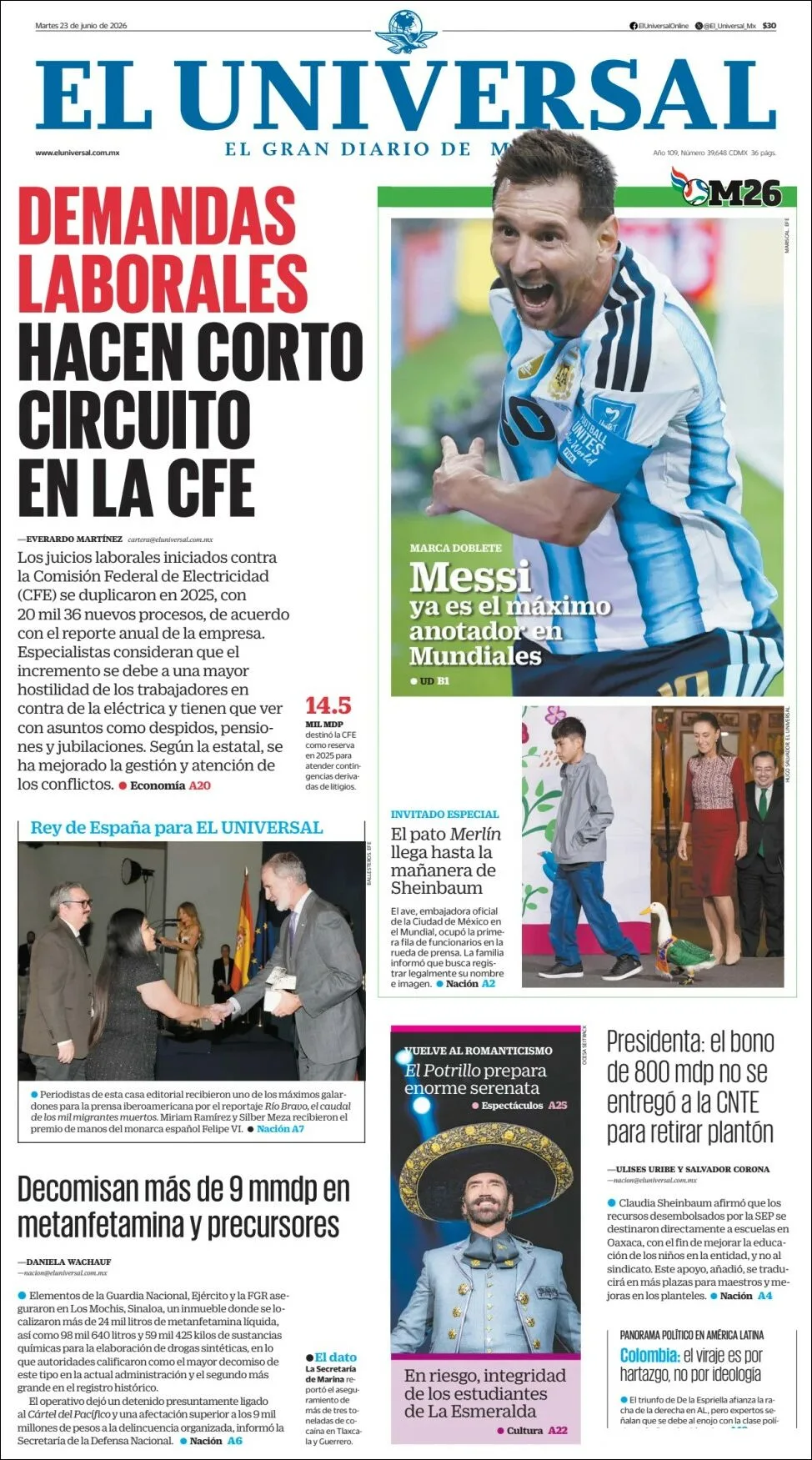Portada de El Universal del martes, 23 de junio de 2026