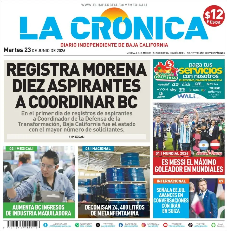 Portada de La Cronica del martes, 23 de junio de 2026