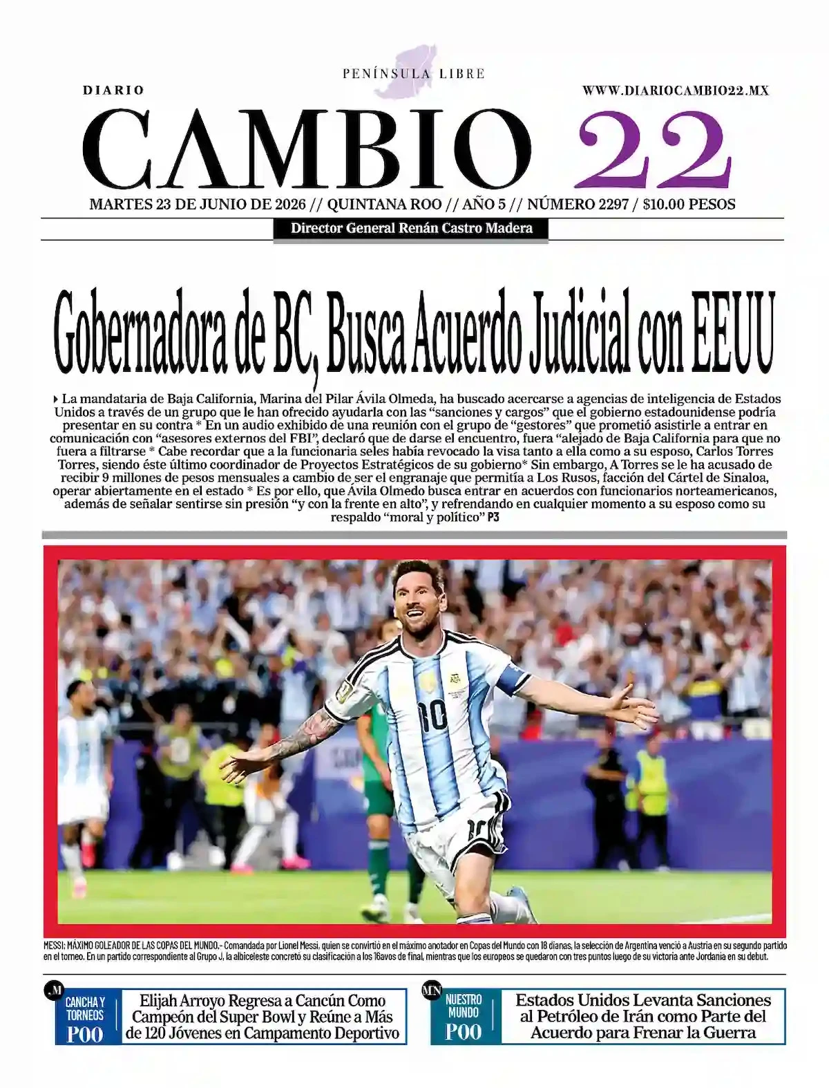 Portada de Diario Cambio 22 (contraportada) del martes, 23 de junio de 2026